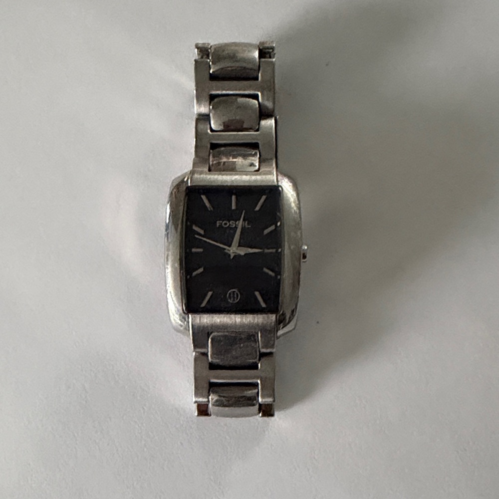 Fossil Silver Tone Link Watch with Black Dial